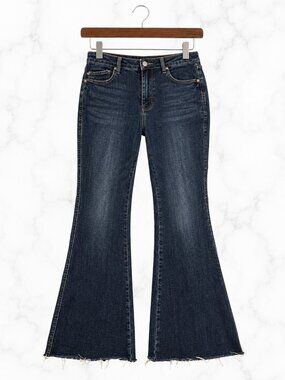 JUDY BLUE Dark Wash Tummy Control Flare Jeans High Rise Booty Lift Raw Hem